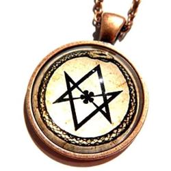 Aleister Crowley Ouroboros Snake & Unicursal Hexagram Copper & Glass Cabochon Pendant Necklace occult Satanic