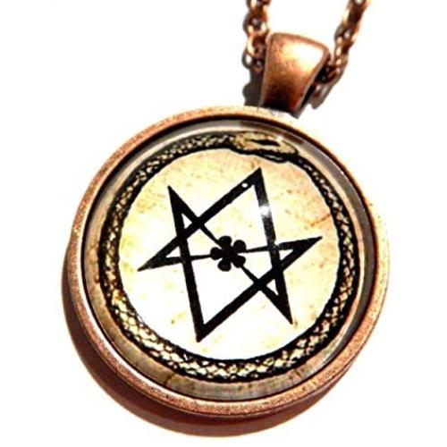 Aleister Crowley Ouroboros Snake & Unicursal Hexagram Copper & Glass Cabochon Pendant Necklace occult Satanic