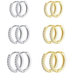 NEWITIN 6 Pairs Small Hoop Earrings 925 Sterling Silver Earring Stud Hypoallergenic Earrings Cubic Zirconia Huggie Earrings Piercing Ear Cuff Cartilage Hoop Earrings for Women Girls