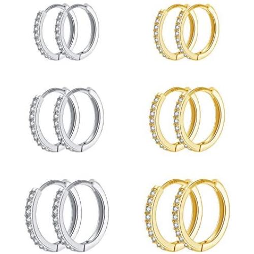 NEWITIN 6 Pairs Small Hoop Earrings 925 Sterling Silver Earring Stud Hypoallergenic Earrings Cubic Zirconia Huggie Earrings Piercing Ear Cuff Cartilage Hoop Earrings for Women Girls