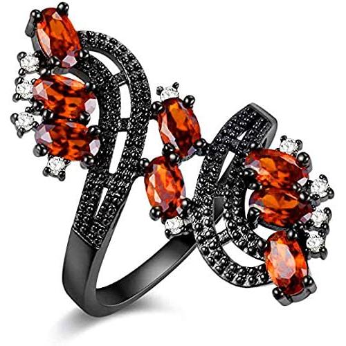 Uloveido Womens Punk Black Wedding Rings Oval and Round Cut Red White Cubic Zirconia Rhinestones Open Tail Anniversary Jewelry J656