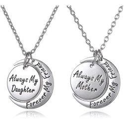 Mom & Daughter Necklace Set for 2 - Always My Mother/Daughter Forever My Friend Unique Mom/Daughter Matching Moon Pendant Necklaces, Jewelry Gifts for Best Mom Ever