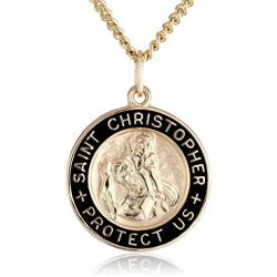 14k Gold-Filled Solid Round Saint Christopher Medal with Black Epoxy Border and Gold Plated Stainless Steel Chain, 20''