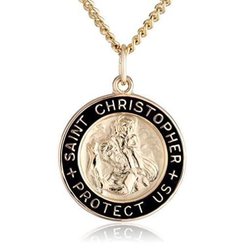 14k Gold-Filled Solid Round Saint Christopher Medal with Black Epoxy Border and Gold Plated Stainless Steel Chain, 20''