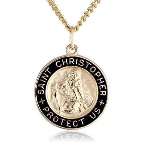 14k Gold-Filled Solid Round Saint Christopher Medal with Black Epoxy Border and Gold Plated Stainless Steel Chain, 20'' 14k Gold-Filled Solid Round Saint Christopher Medal with Black Epoxy Border and Gold Plated Stainless Steel Chain, 20''