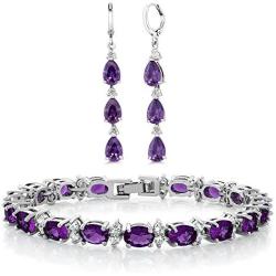 Gem Stone King 7 Inch Purple and White CZ Bracelet Set With Matching 2 Inch Pear shape Dangle Earrings