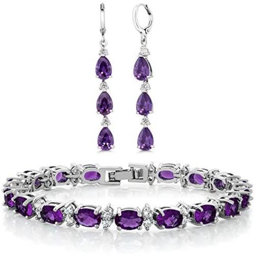 Gem Stone King 7 Inch Purple and White CZ Bracelet Set With Matching 2 Inch Pear shape Dangle Earrings
