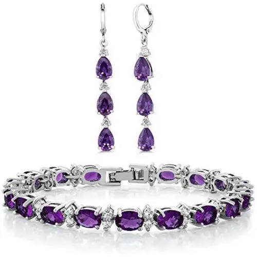Gem Stone King 7 Inch Purple and White CZ Bracelet Set With Matching 2 Inch Pear shape Dangle Earrings Gem Stone King 7 Inch Purple and White CZ Bracelet Set With Matching 2 Inch Pear shape Dangle Earrings