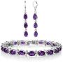 Gem Stone King 7 Inch Purple and White CZ Bracelet Set With Matching 2 Inch Pear shape Dangle Earrings