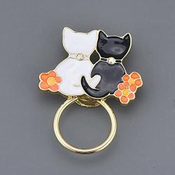 PANGRUI Exquisite Black and White Cats Couple Lovers Magnetic Eyeglass Holder Brooch Pin with Flower