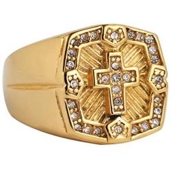 AsAlways Mens Retro Vintage Crusade Cross Biker Religious 18K Gold Plated Stainless Steel Cubic Zirconia CZ Cross Paladin Ring Size 7-13