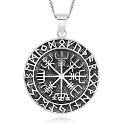 925 Sterling Silver Vegvisir Norse Runes Viking Compass Pendant Necklace, 18''