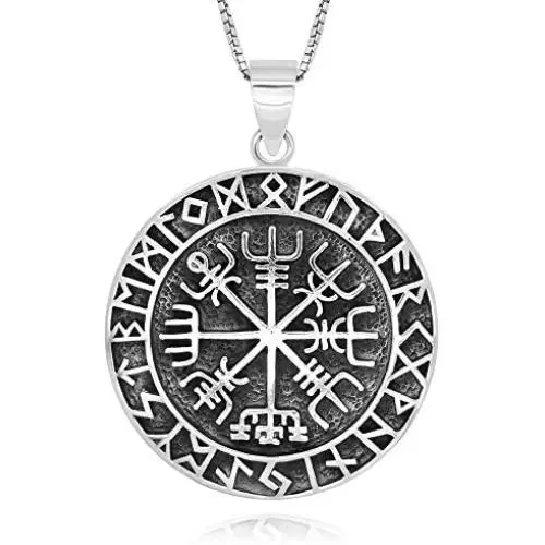 925 Sterling Silver Vegvisir Norse Runes Viking Compass Pendant Necklace, 18''