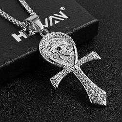 HZMAN CZ Eye of Horus Egypt Protection Pendant Coptic Ankh Cross Religious Stainless Steel Necklace
