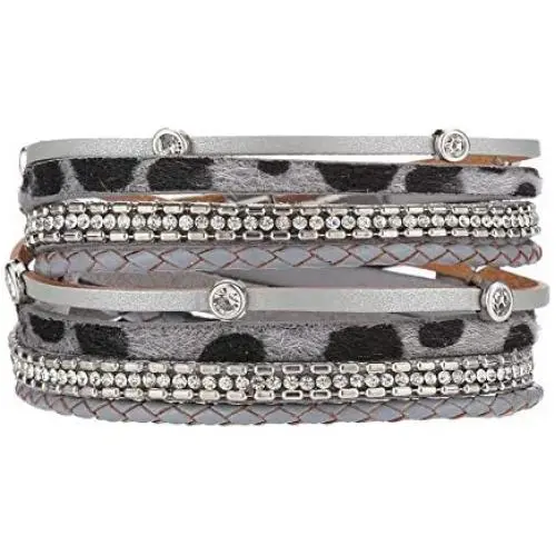 VONRU Leather Cuff Bracelets for Women - Wrap Bracelet Charm Boho Jewelry for Women Handmade Casual Braided Magnetic Bracelet Friendship Gift for Teen Girls (Grey Leopard Crystal Bracelet) VONRU Leather Cuff Bracelets for Women - Wrap Bracelet Charm Boho Jewelry for Women Handmade Casual Braided Magnetic Bracelet Friendship Gift for Teen Girls (Grey Leopard Crystal Bracelet)