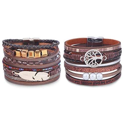 LOLIAS Women Multi-Layer Leather Wrap Bracelet Handmade Boho Tree of Life Wristband Braided Rope Cuff Bangle with Magnetic Buckle Jewelry 2 Pack