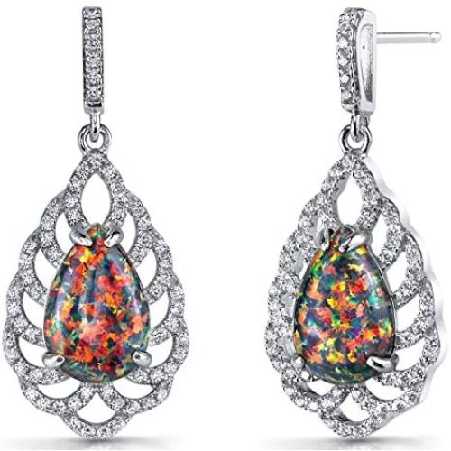 Peora Created Black Opal Dangle Earrings in Sterling Silver, Vintage Teardrop Design, Pear Shape, 12x8mm, 4.00 Carats total, Friction Backs