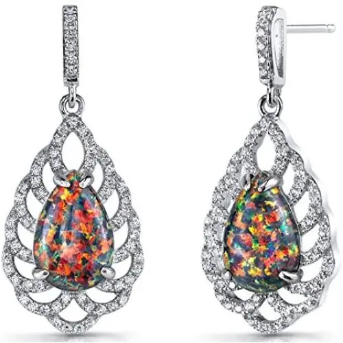 Peora Created Black Opal Dangle Earrings in Sterling Silver, Vintage Teardrop Design, Pear Shape, 12x8mm, 4.00 Carats total, Friction Backs Peora Created Black Opal Dangle Earrings in Sterling Silver, Vintage Teardrop Design, Pear Shape, 12x8mm, 4.00 Carats total, Friction Backs