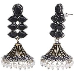 Efulgenz Boho Vintage Antique Ethnic Gypsy Tribal Indian Oxidized Silver Pearl Jhumka Dangle Earrings Jewelry