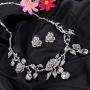 EVER FAITH Rhinestone Crystal Gorgeous Red Rose Flower Green Leaf Necklace Earrings Set