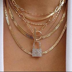 Chargances Gold Snake Bone Chain Necklace for Women and Girls Iced Out Lock Toggle Chain Choker Necklace Ladies Boho Jewelry Punk Cuban Link Chain