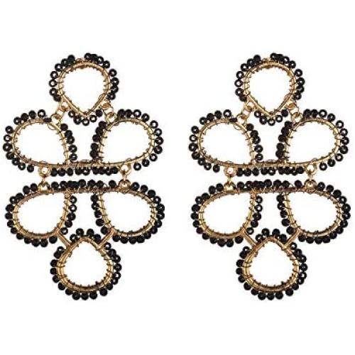 Nicole Miller New York Goldtone Teardrop Boho Tribal Black Beaded Fashionable Dangle Earrings