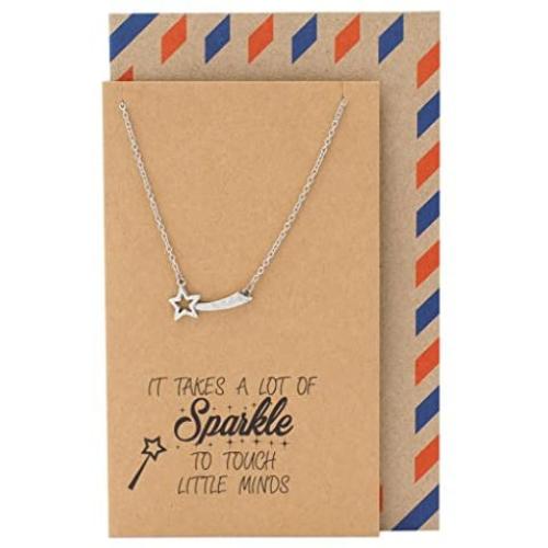 Quan Jewelry Teacher Necklace with Handmade Quote Card, Star Pendant Charm, Gifts for Teachers, Show Your Teacher Appreciation, Stars Sparkle Jewelry, Thank You Gifts for Teachers and Professors