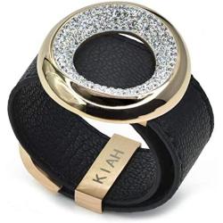 KIAH Leather Bracelet with 14K Gold Plated Mini Cubic Zirconia Stones - Adjustable Cuff for Any Wrist Size - Genuine Statement Bracelets for Day and Night Fashion - Unique Gift for Teens and Adult Women