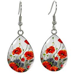 EarringTear Drop Hook Earrings Art Poppies Glass Dome Cabochon Earrings Jewelry