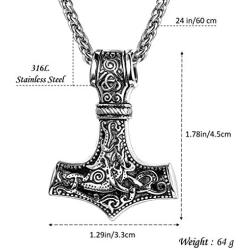 CANNE Thors Hammer Odin Mjolnir Viking Stainless Steel Necklace Pendant Norse Celtic Amulet Jewelry Necklace for Men Women