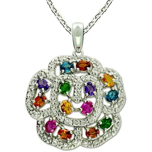 RB Gems Sterling Silver 925 Pendant Necklace Flower Design Genuine Gemstone, Rhodium-Plated Finish