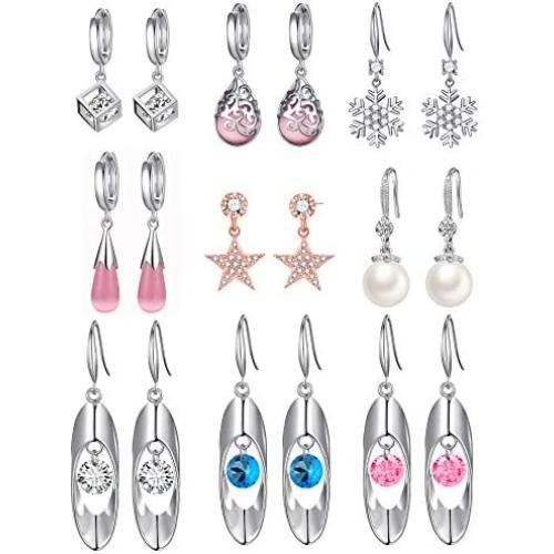 9 Pairs Silver Small Hoop Earrings with Charm for Women - Tear Drop Dangle Earrings for Women and Teen Girls