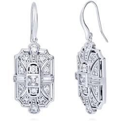 BERRICLE Rhodium Plated Sterling Silver Cubic Zirconia CZ Art Deco Milgrain Bridal Bridesmaid Fashion Necklace and Earrings Set