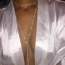 Jovono Gold Fashion Multilayered Long Choker Necklaces Rhinestone Jewelry Necklace Chains for Women and Girls