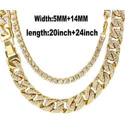 Mens 18K Gold Plated 5MM 12MM/14MM CZ Fully Iced Out Cuban Miami Chain Necklace Set
