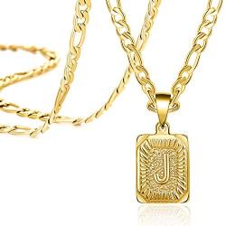 MEMGIFT 18K Real Yellow Gold Initial Letter Men Necklace Rectangle Capital Pendant Monogram A-Z Stainless Steel Box Chain 22inch Unique Trendy Fashion Handmade Fancy Personalized Women Jewelry