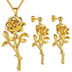 Beautlace Rose Necklaces/Adjustable Rings Silver/18K Gold/Black Gun Plated Flower Pendant/Open Ring Elegant Jewelry Gifts for Women