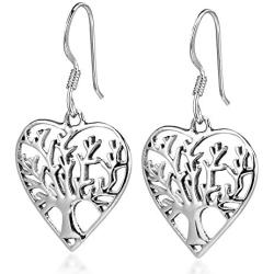 Romantic Heart Shape Tree of Life .925 Sterling Silver Dangle Earrings