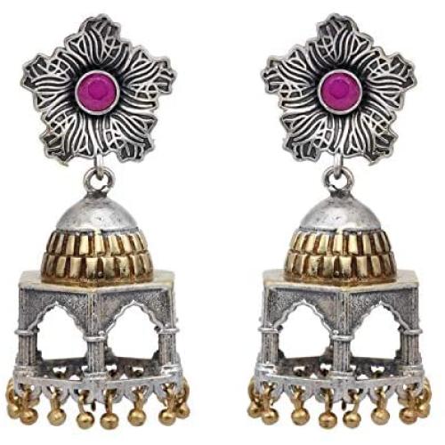 Aheli Intricate Crafted Bohemian Dual Tone Indian Oxidized Flower Shape Drop Dangle Square Jhumki Earrings Ethnic Wedding Fashion Jewelry for Women