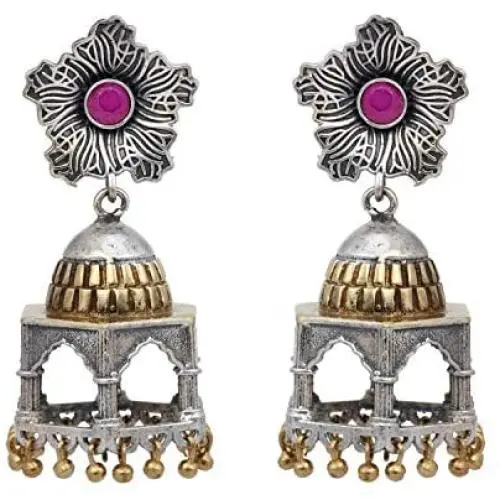 Aheli Intricate Crafted Bohemian Dual Tone Indian Oxidized Flower Shape Drop Dangle Square Jhumki Earrings Ethnic Wedding Fashion Jewelry for Women