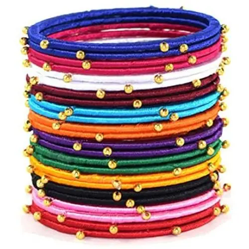 GOELX Festive Offer: Multicolor Silk Thread Handmade Bangles for Women with Gold Embellishments 24 Bangles Set