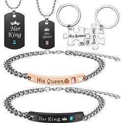 6 Piece Her King His Queen Necklace Bracelet Couple Necklace Bracelet Keychain Set for Valentines Jewelry Gift