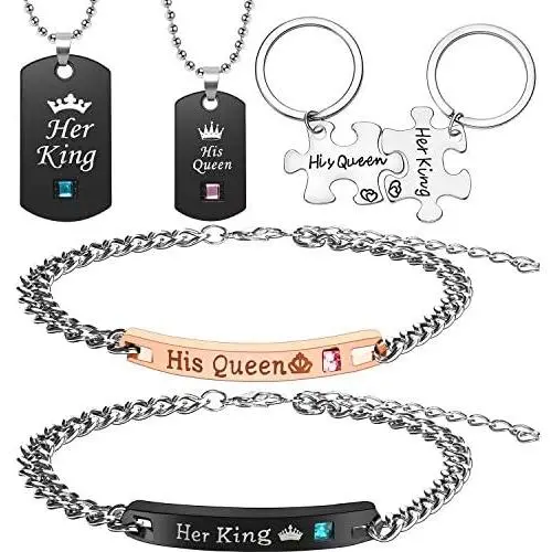 6 Piece Her King His Queen Necklace Bracelet Couple Necklace Bracelet Keychain Set for Valentines Jewelry Gift 6 Piece Her King His Queen Necklace Bracelet Couple Necklace Bracelet Keychain Set for Valentines Jewelry Gift