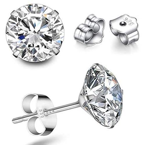 TTVOVO 925 Sterling Silver Stud Earrings Princess Cut Cubic Zirconia Sparkling Simulated CZ Diamond Earrings for Women Men Round 4 Prong Ear Studs Piercing Earrings Hypoallergenic Jewelry Gifts, 4MM