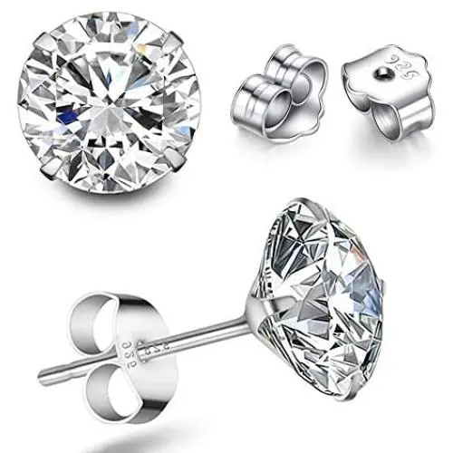 TTVOVO 925 Sterling Silver Stud Earrings Princess Cut Cubic Zirconia Sparkling Simulated CZ Diamond Earrings for Women Men Round 4 Prong Ear Studs Piercing Earrings Hypoallergenic Jewelry Gifts, 4MM