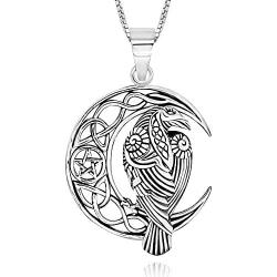 925 Sterling Silver Celtic Crescent Moon Raven Pendant Necklace, 18''
