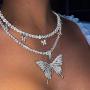 Ckecharfa Layered Rhinestone Pendant Necklace Sparkly Silver Butterfly Necklaces Chain Collar Full Crystal Choker Chains Adjustable Jewelry for Women and Girls