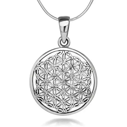 925 Sterling Silver Flower of Life Mandala 22 mm Circle Round Charm Pendant Necklace, 18 inches
