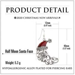 RareLove Vintage Christmas Crescent Half Moon Santa Piercing Dangle Earrings Silver Plated Alloy Holiday Jewelry For Women Girls