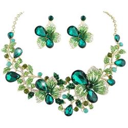 EVER FAITH Womens Rhinestone Crystal Flower Teardrop Necklace Earrings Set Green Gold-Tone